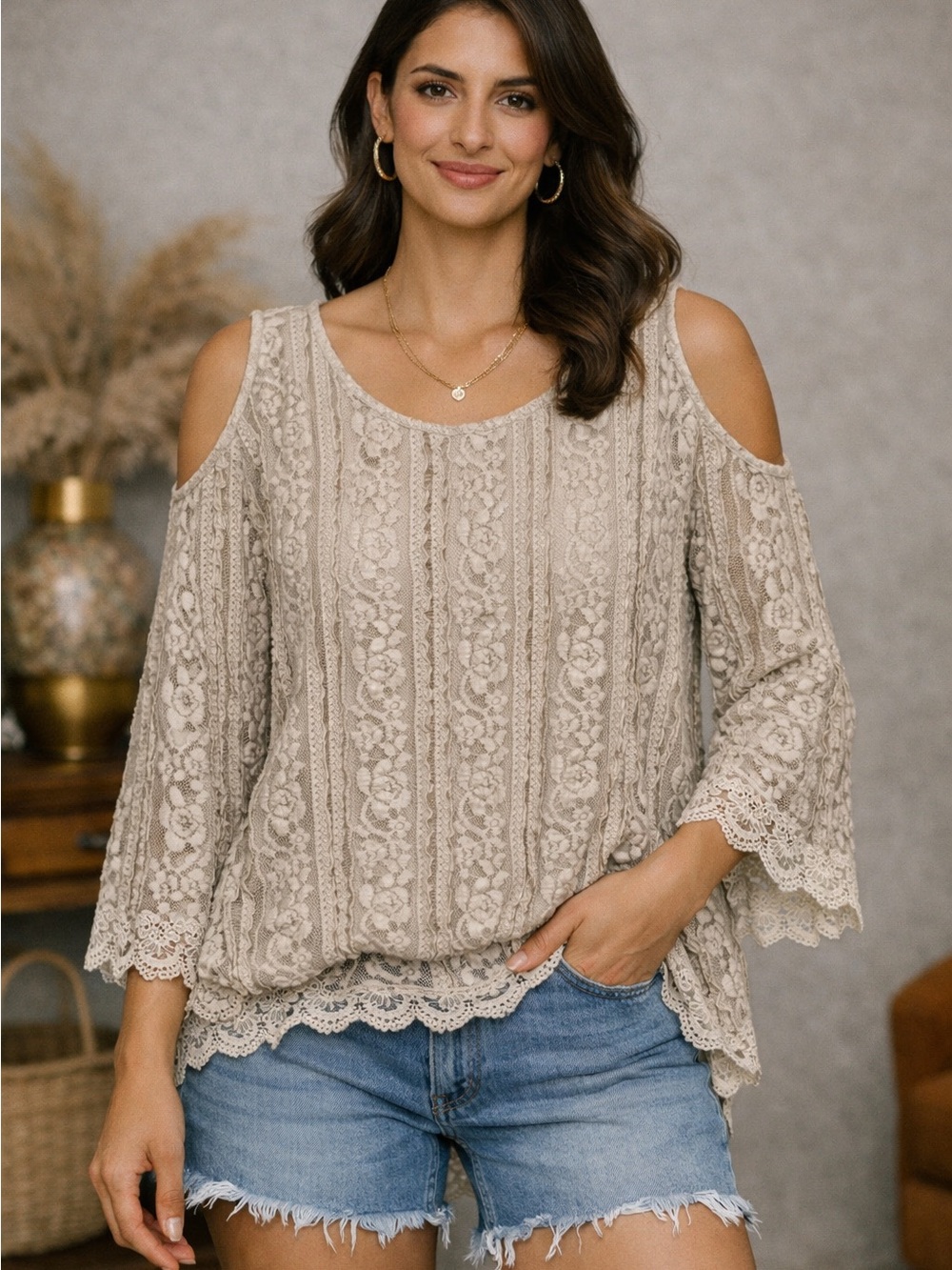 A'Reve Cream Lace Cold-Shoulder Blouse with Scalloped Trim